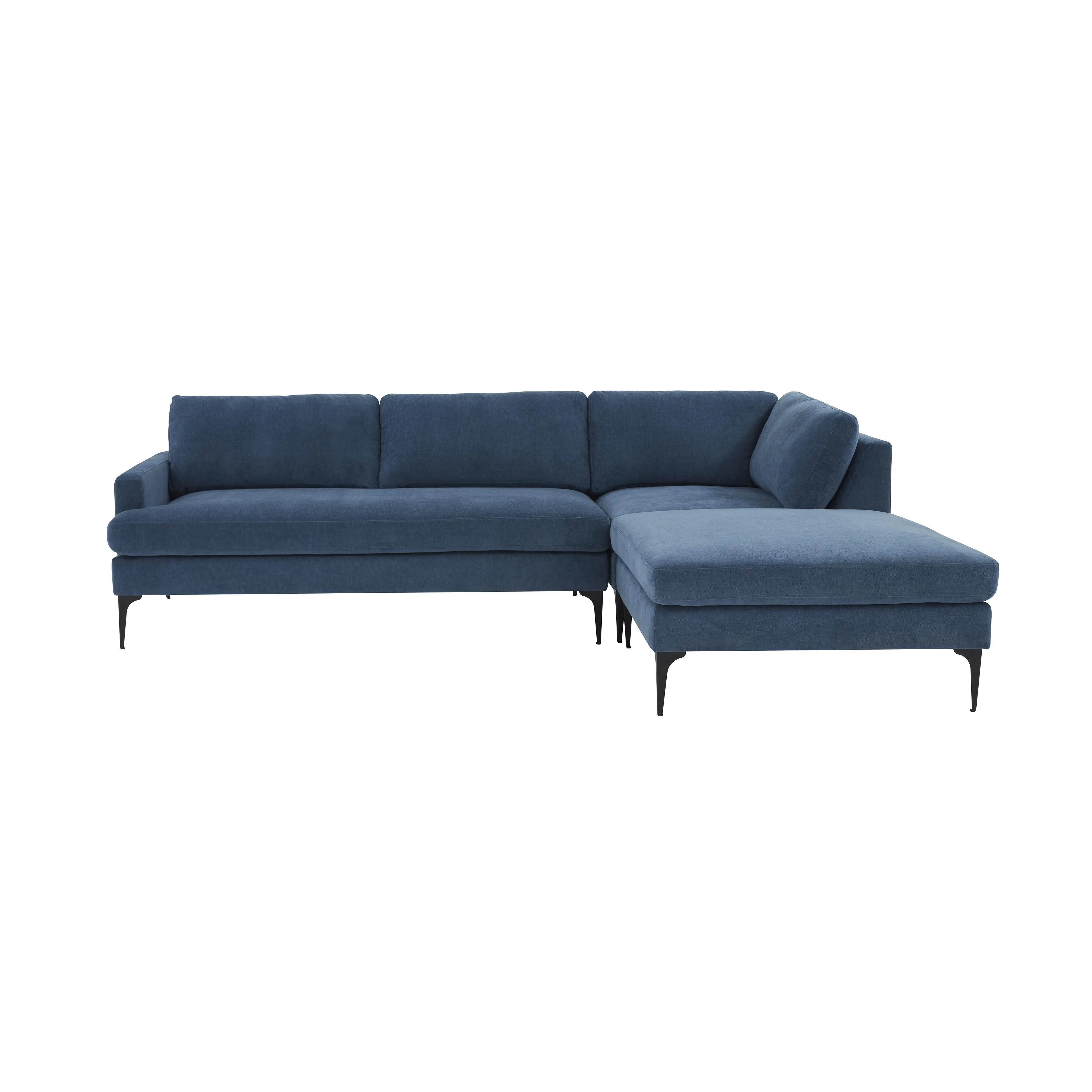 Serena Blue Velvet RAF Chaise Sectional with Black Legs