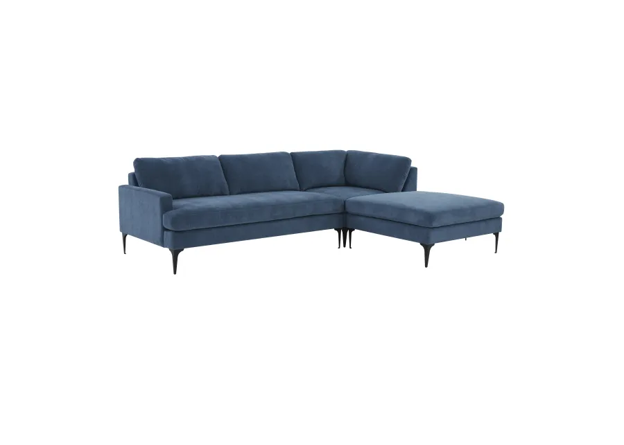 Serena Blue Velvet RAF Chaise Sectional with Black Legs