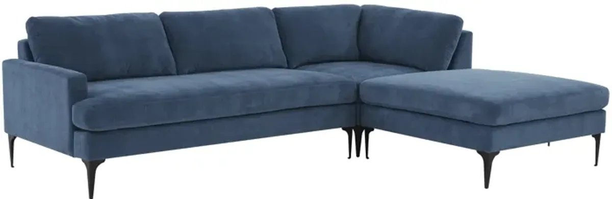 Serena Blue Velvet RAF Chaise Sectional with Black Legs