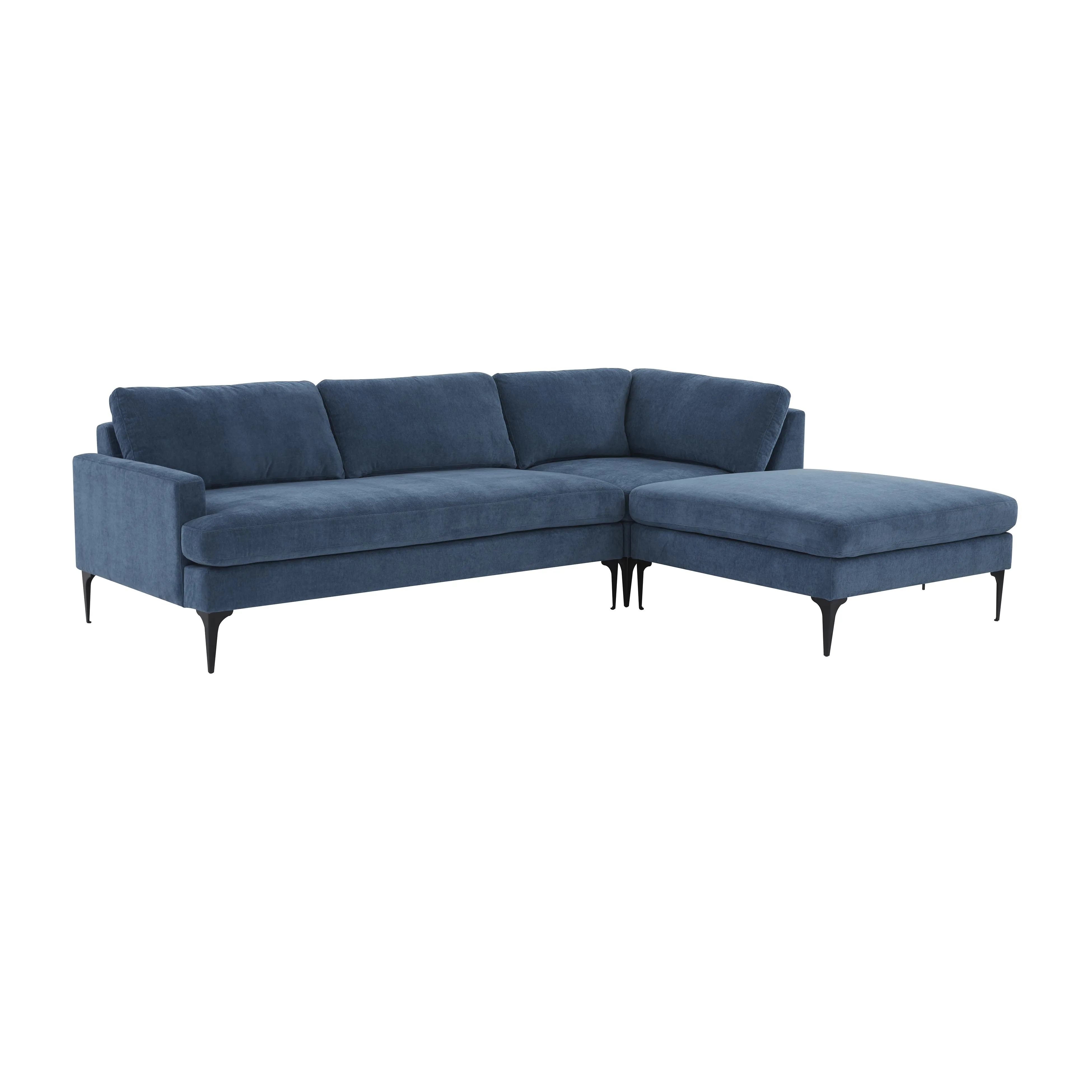 Serena Blue Velvet RAF Chaise Sectional with Black Legs