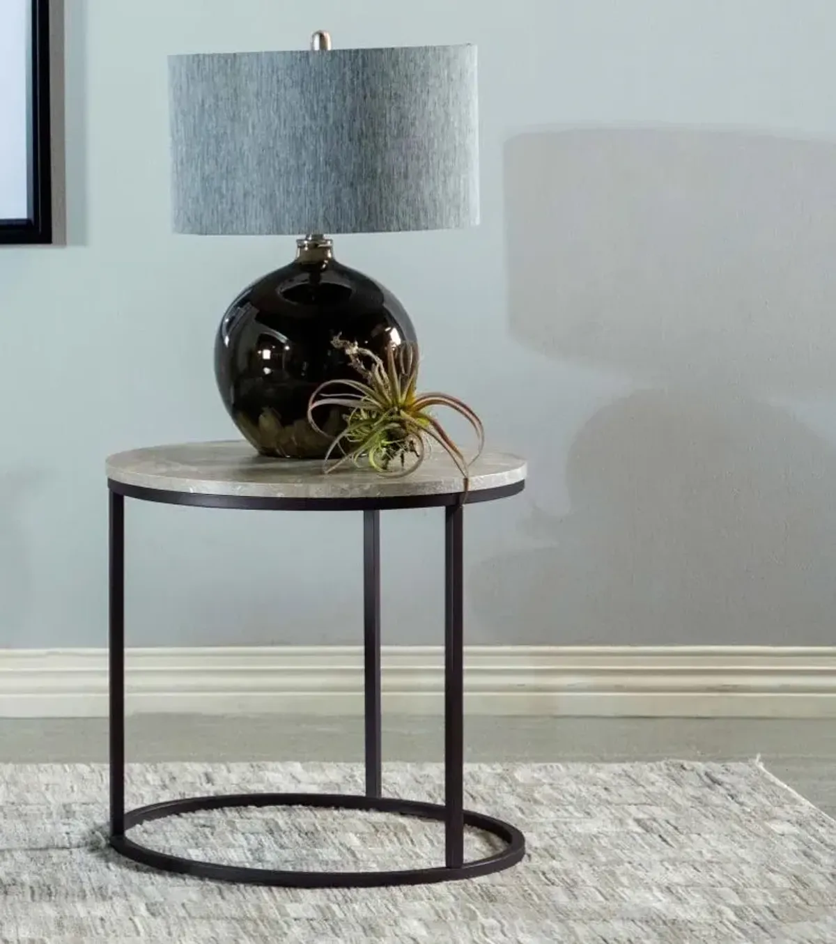 Alberto Faux Marble round Top End Table Grey And Gunmetal