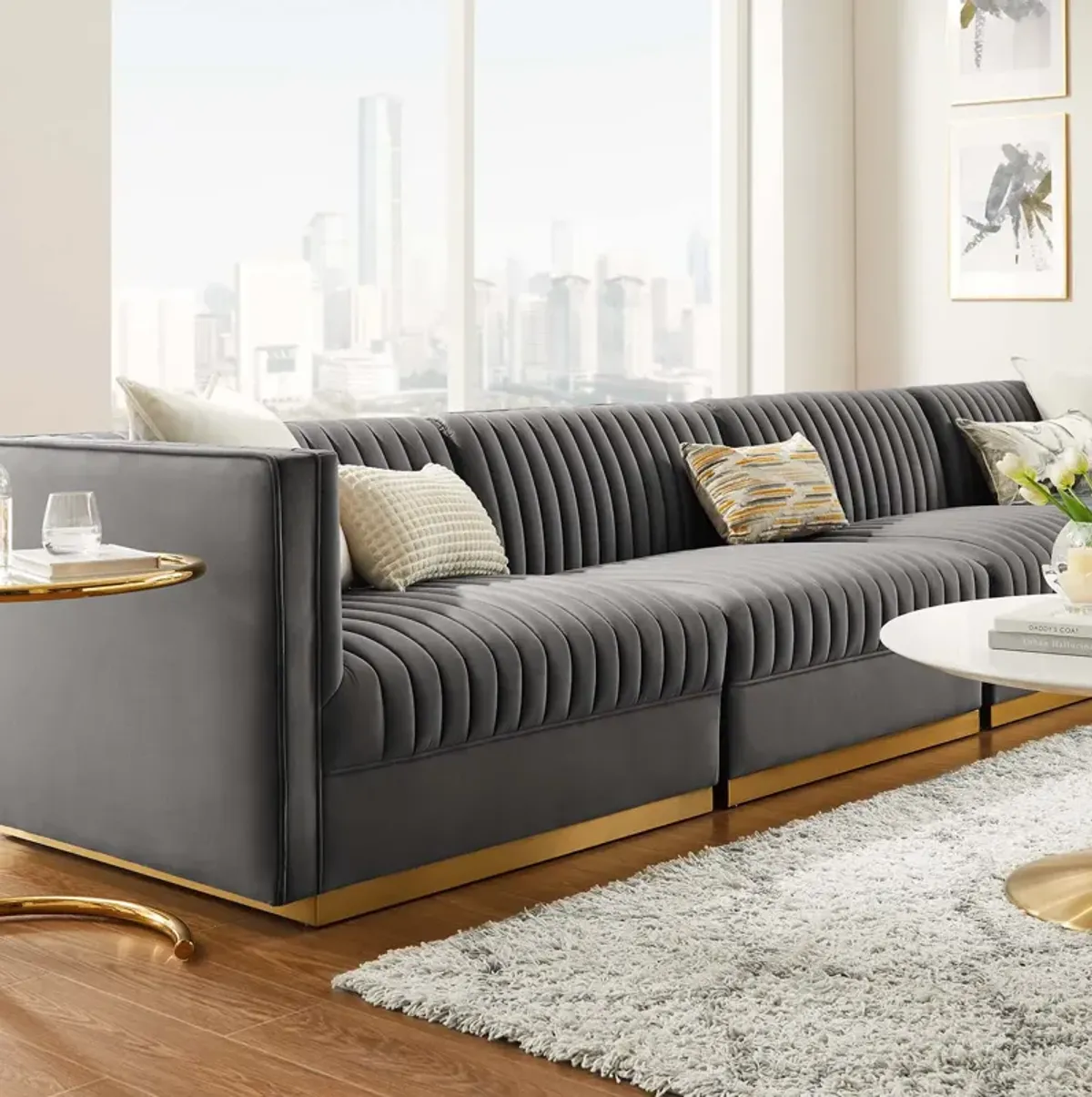 Sanguine Channel Tufted Performance Velvet 4-Seat Modular Sofa