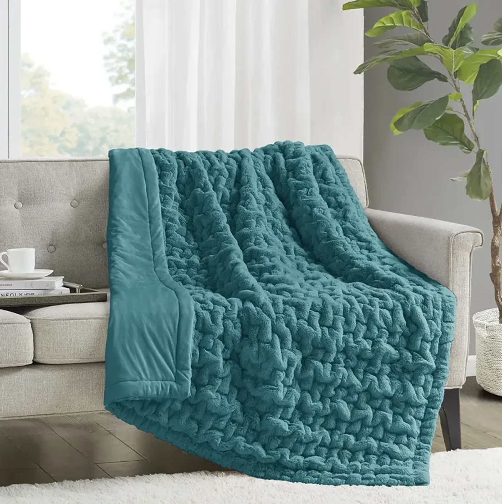 Madison Park Ruched Fur Teal Throw