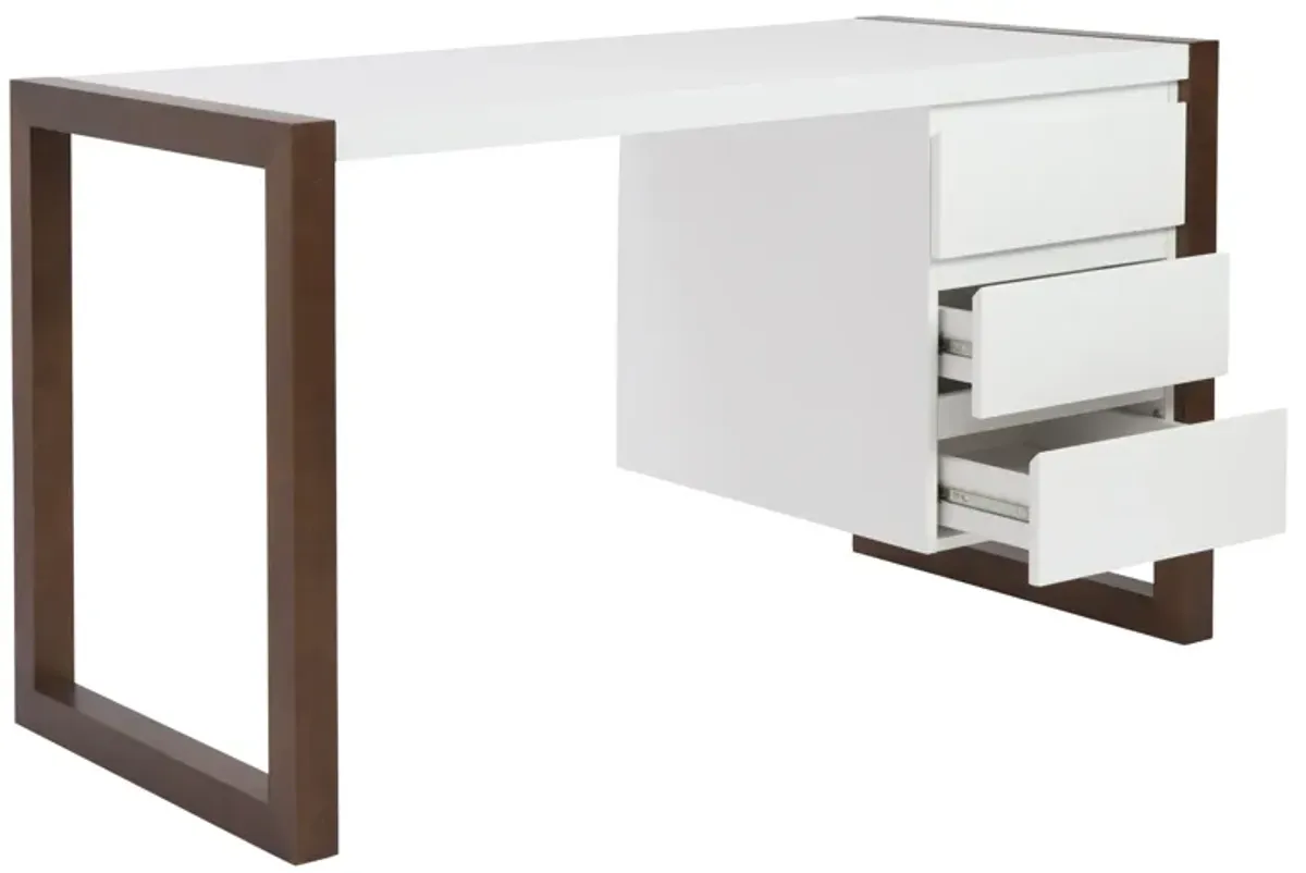 Manon Desk in Matte White with Dark Walnut Finish - Three Drawers