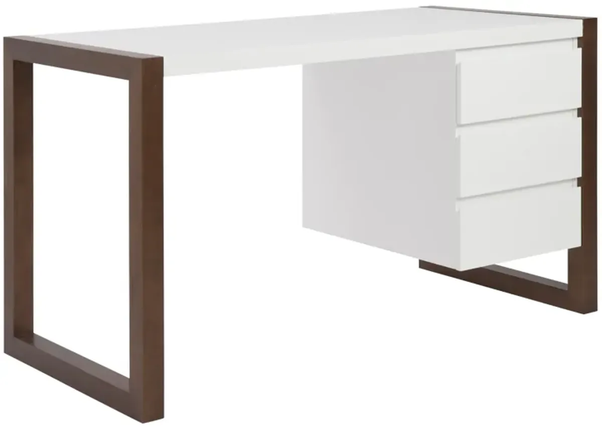 Manon Desk in Matte White with Dark Walnut Finish - Three Drawers