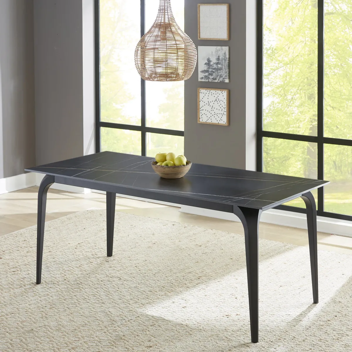 Nicoya Stone Top Rectangular Dining Table in Black Stone and Black Metal