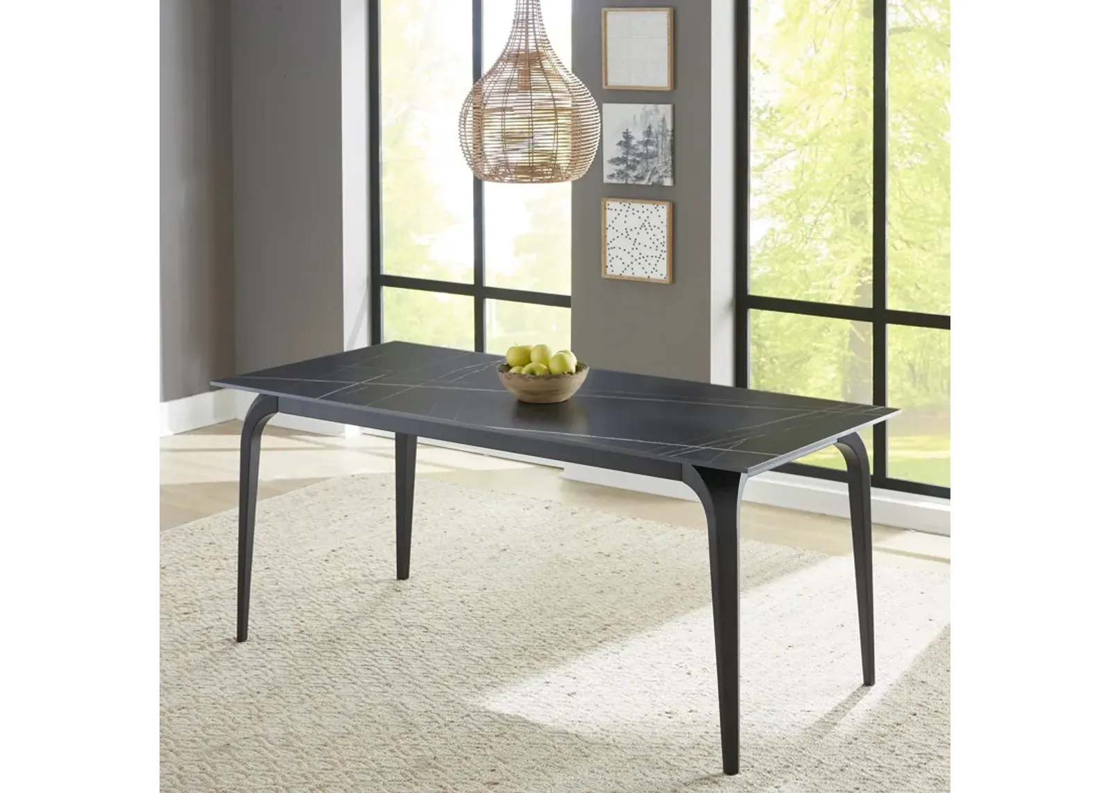 Nicoya Stone Top Rectangular Dining Table in Black Stone and Black Metal