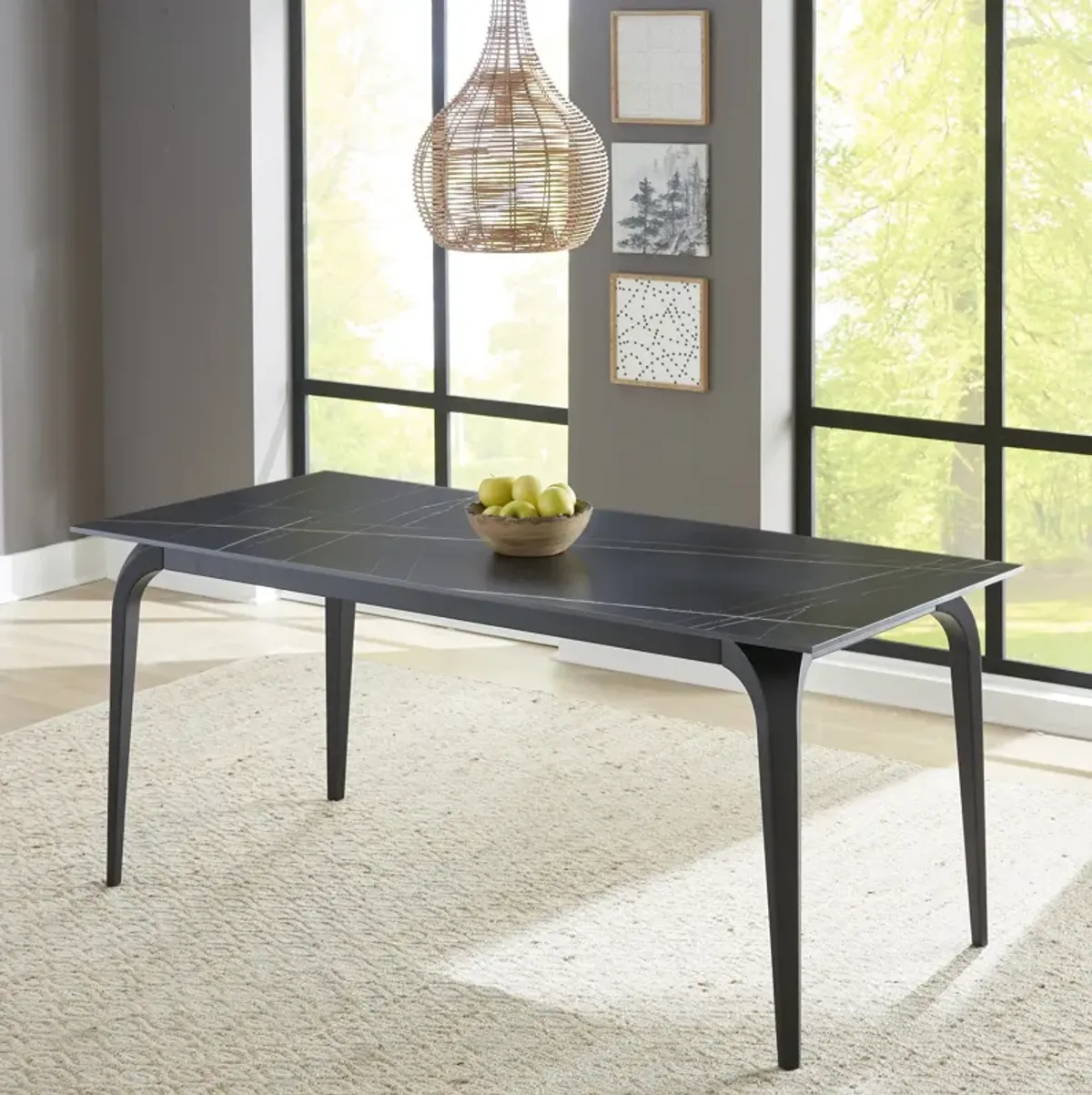 Nicoya Stone Top Rectangular Dining Table in Black Stone and Black Metal