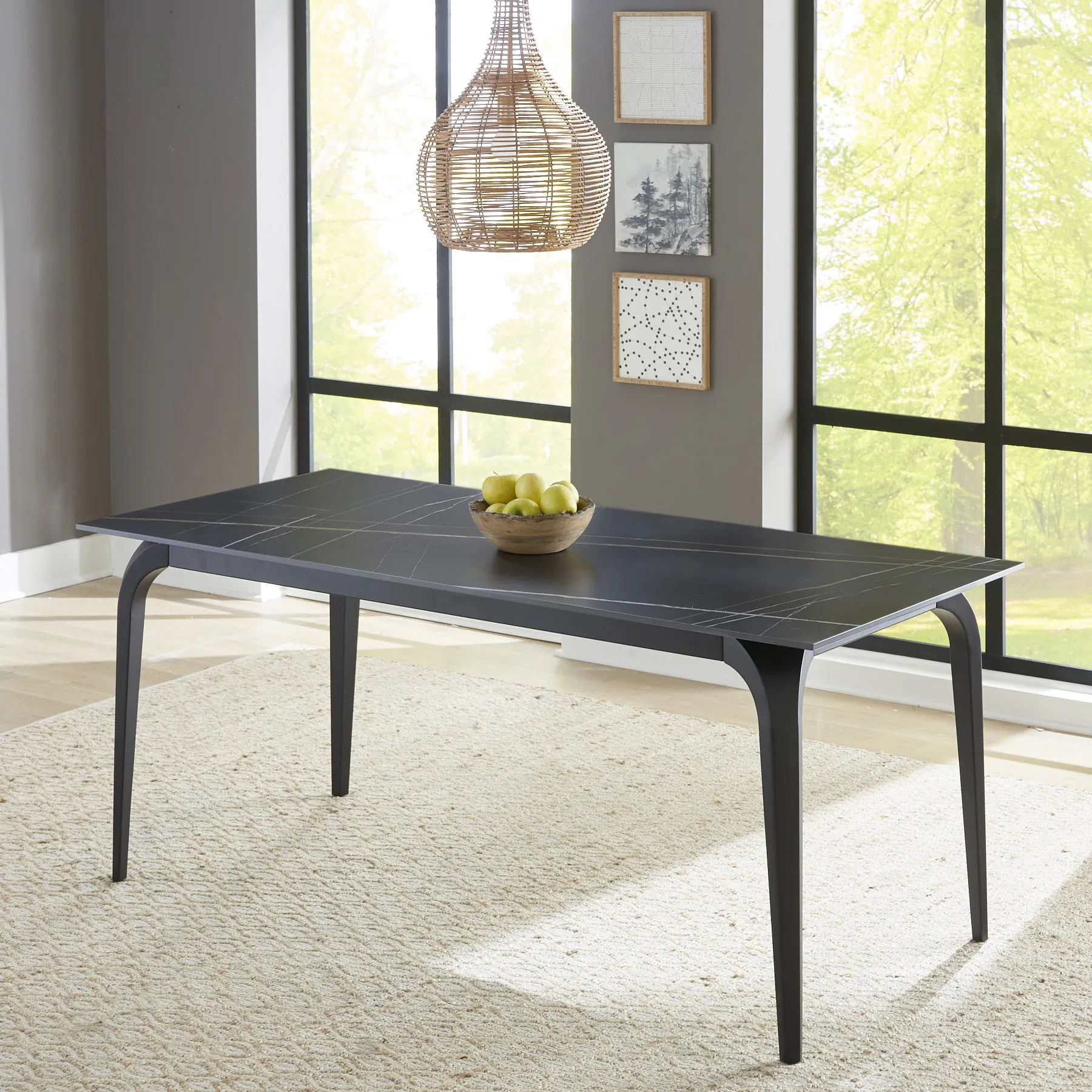 Nicoya Stone Top Rectangular Dining Table in Black Stone and Black Metal