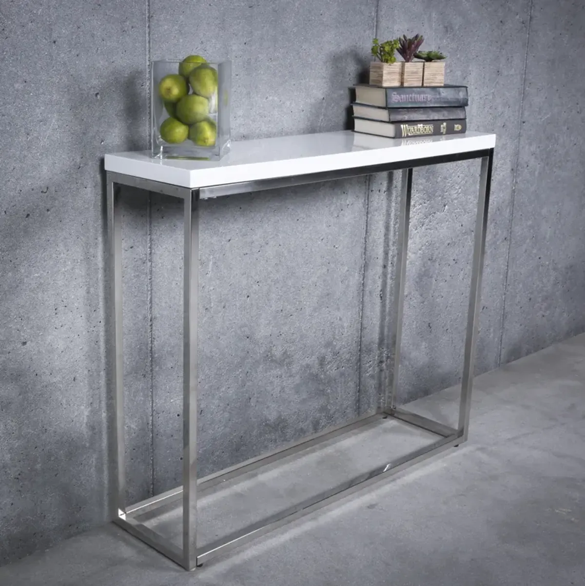 Teresa Console Table in White Lacquer with Polished Stainless Steel Frame