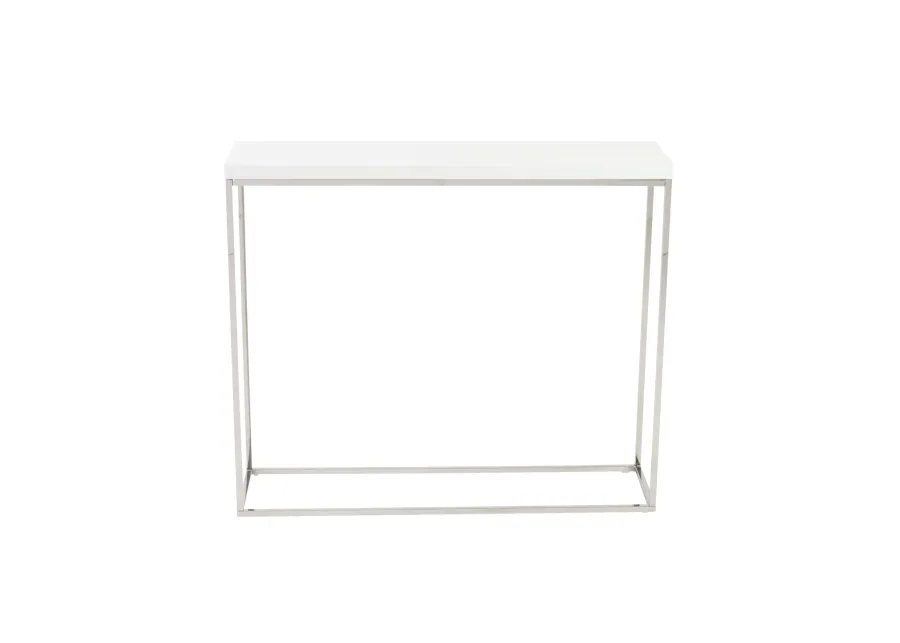 Teresa Console Table in White Lacquer with Polished Stainless Steel Frame