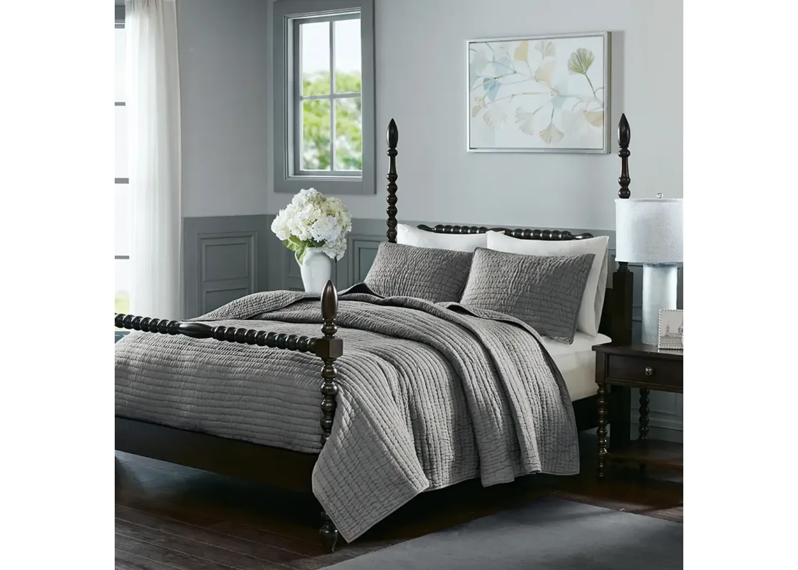 Madison Park Signature Serene Grey 3 Piece Hand Quilted Cotton Quilt Set