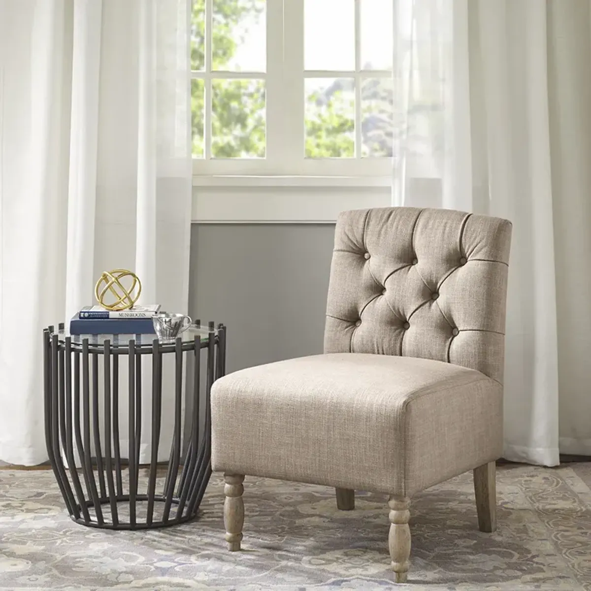 Madison Park Lola Beige Tufted Armless Chair