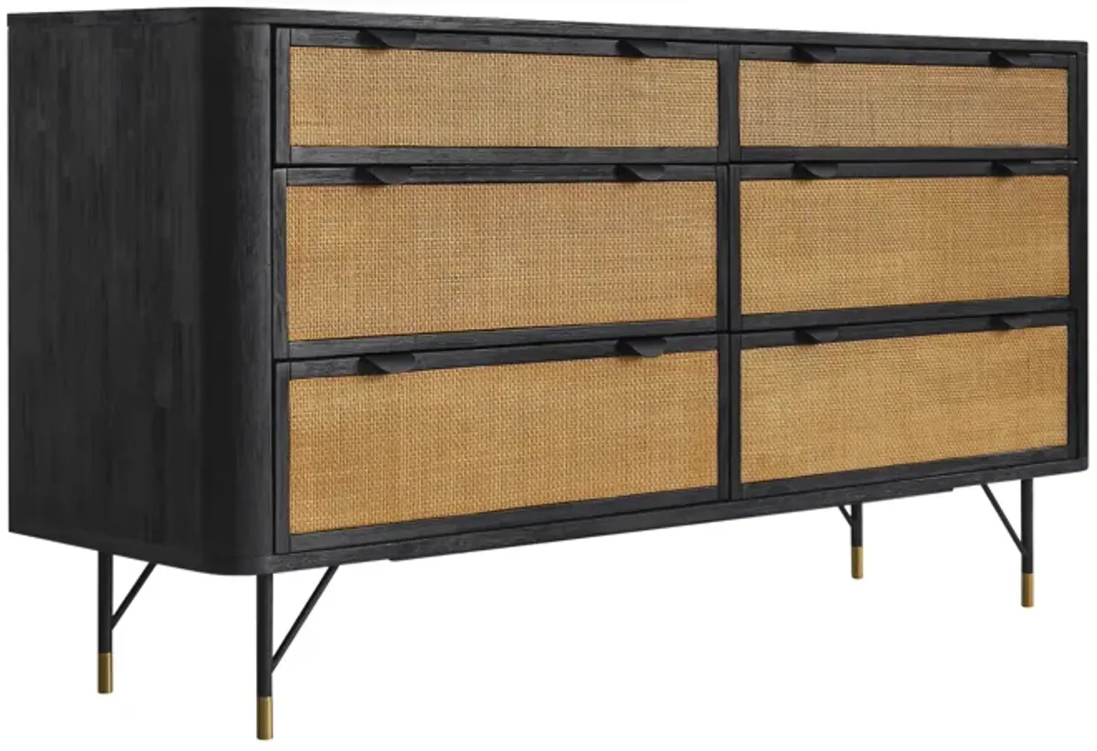 Saratoga 6 Drawer Dresser in Black Acacia with Rattan