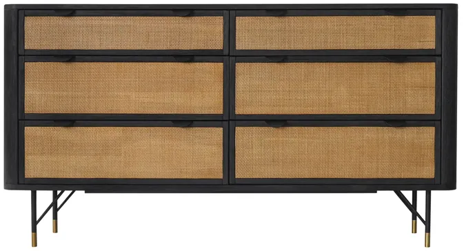 Saratoga 6 Drawer Dresser in Black Acacia with Rattan