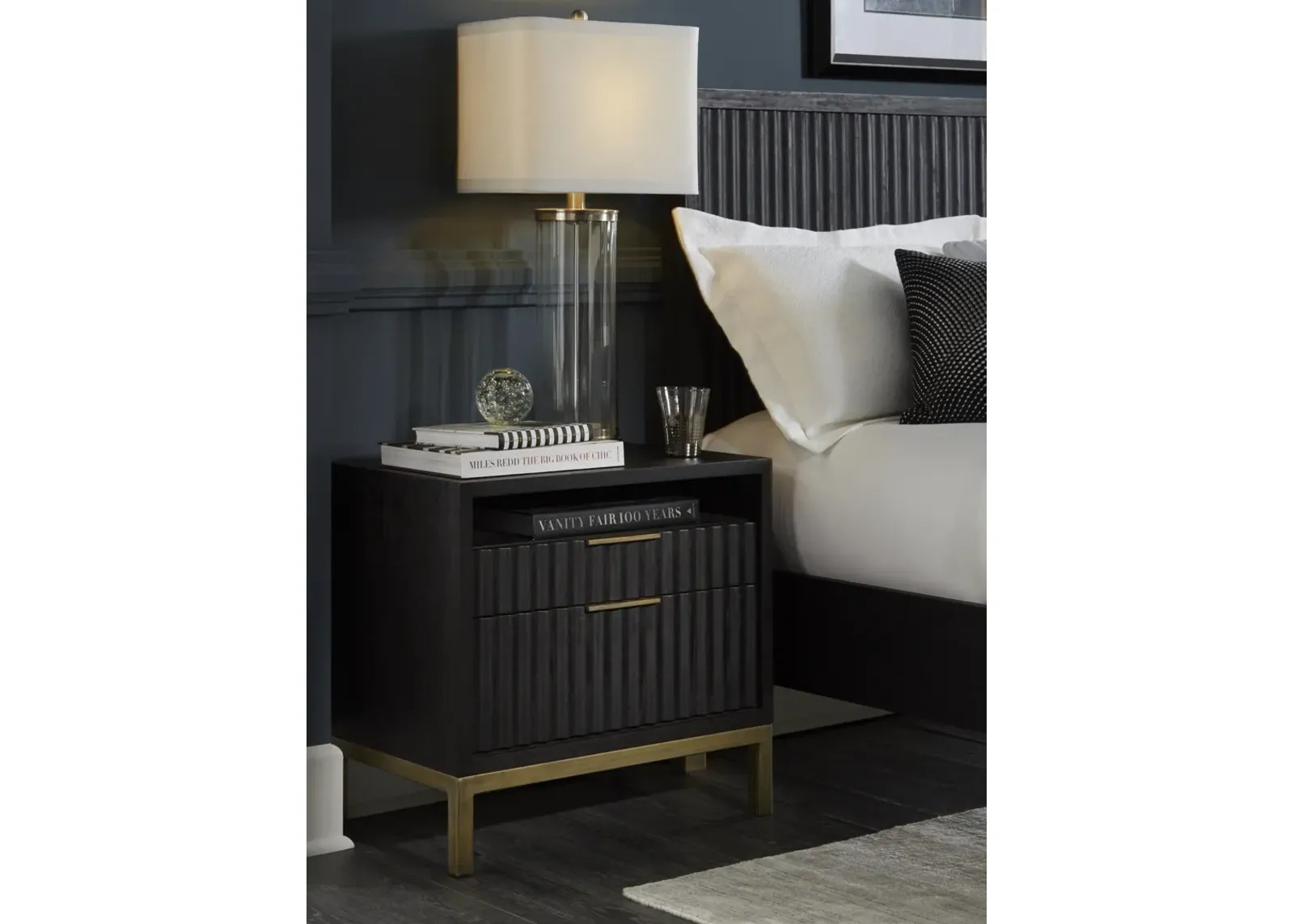 Kentfield Solid Wood Two Drawer Nightstand in Black Drifted Oak