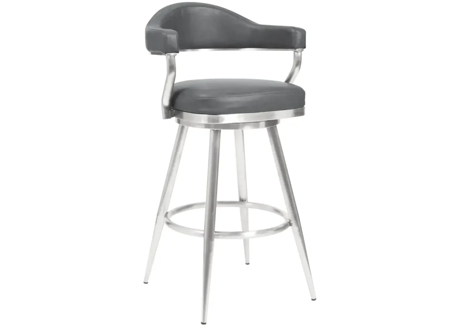 Justin 30" Bar Height Swivel Vintage Grey Faux Leather Bar Stool with Brushed Stainless Steel Legs