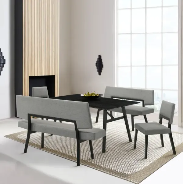Channell 5 Piece Black Wood Dining Table Set with Benches in Charcoal Fabric