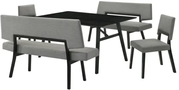 Channell 5 Piece Black Wood Dining Table Set with Benches in Charcoal Fabric