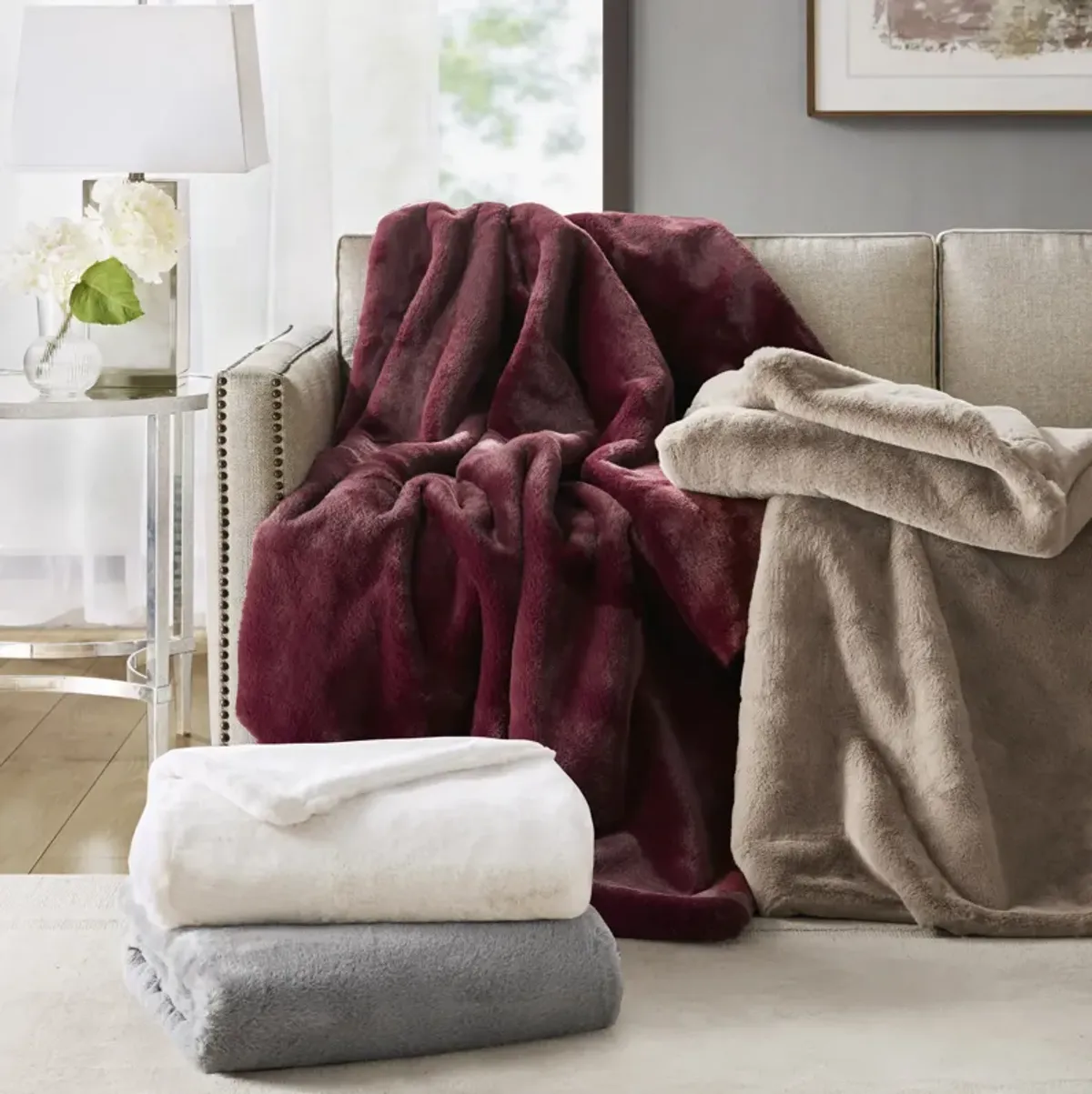 Croscill Sable Grey Solid Faux Fur Throw