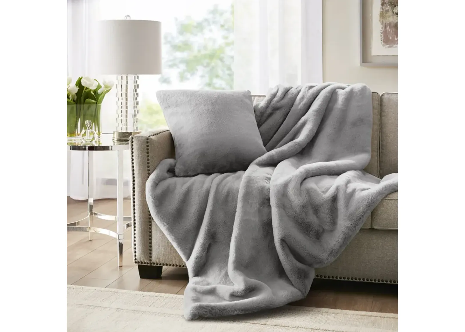 Croscill Sable Grey Solid Faux Fur Throw