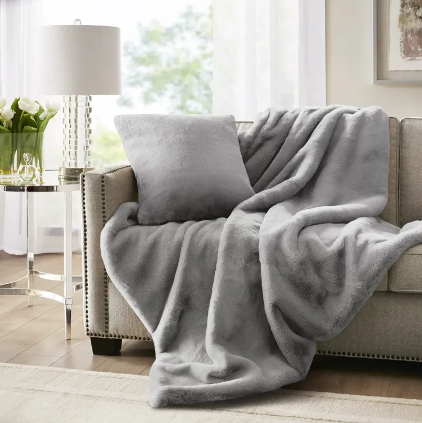 Croscill Sable Grey Solid Faux Fur Throw