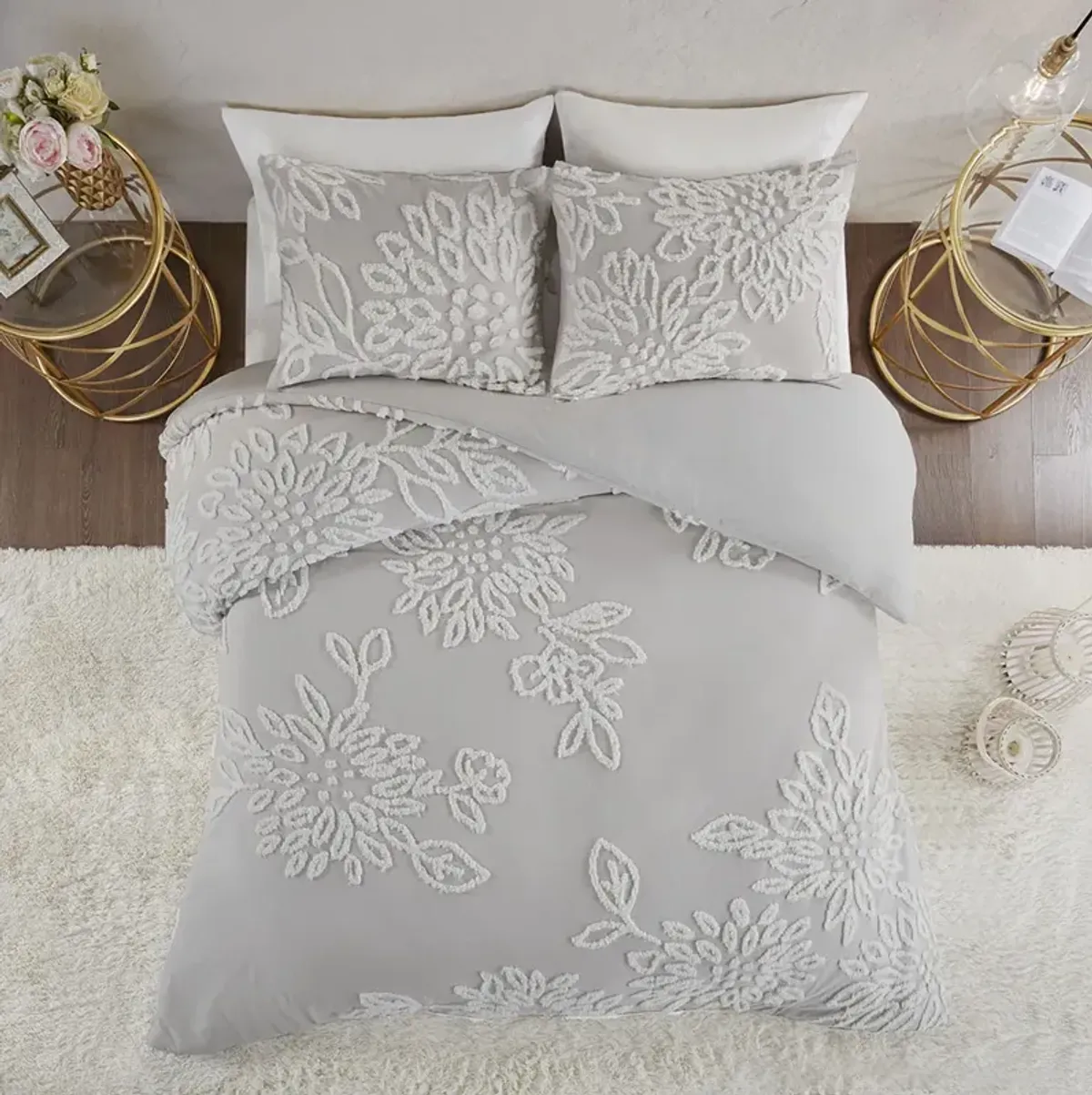 Madison Park Veronica Warm Grey/White 3 Piece Tufted Cotton Chenille Floral Duvet Cover Set