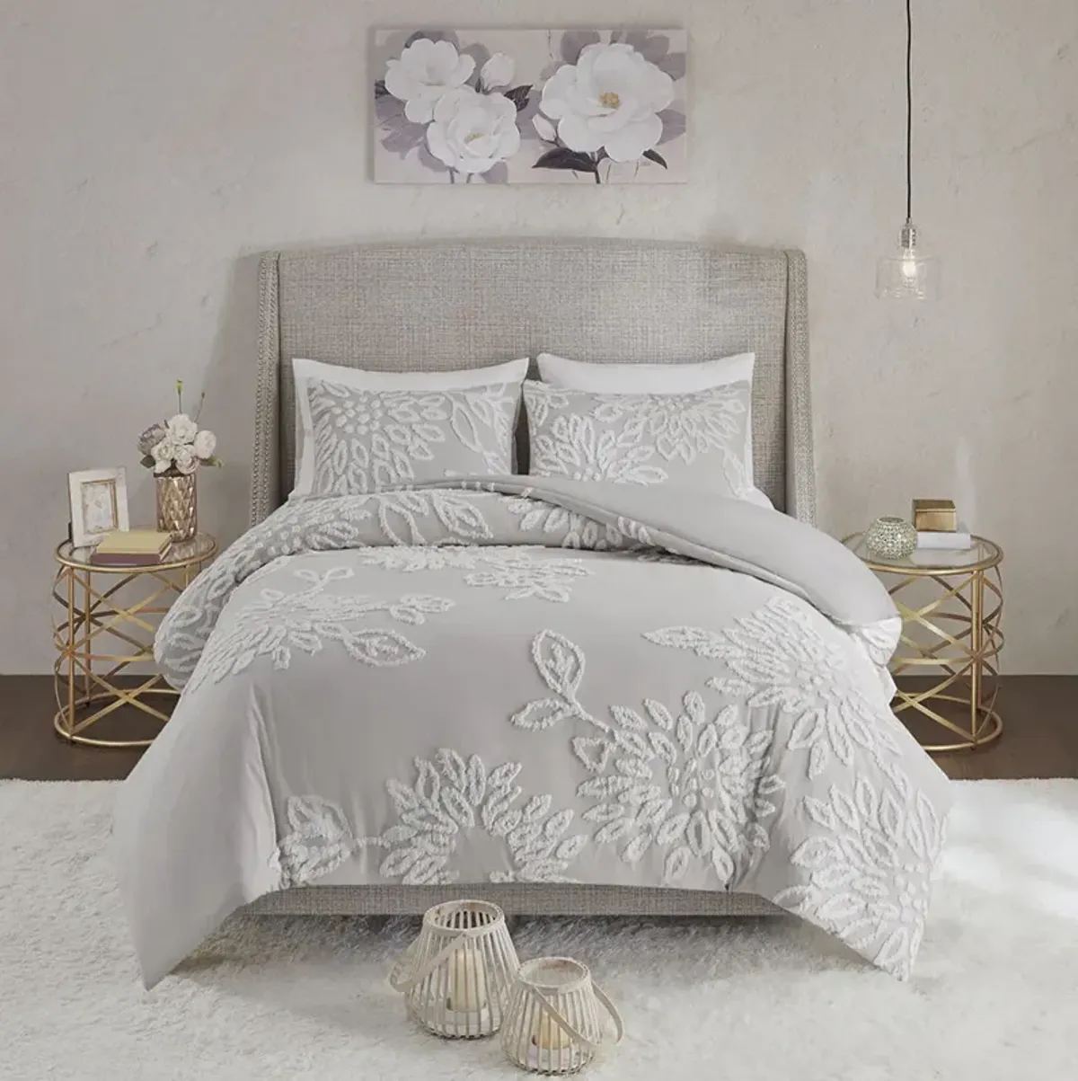 Madison Park Veronica Warm Grey/White 3 Piece Tufted Cotton Chenille Floral Comforter Set