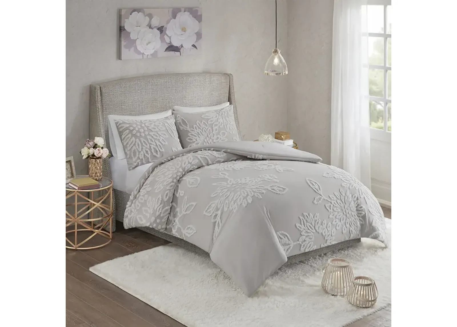 Madison Park Veronica Warm Grey/White 3 Piece Tufted Cotton Chenille Floral Comforter Set