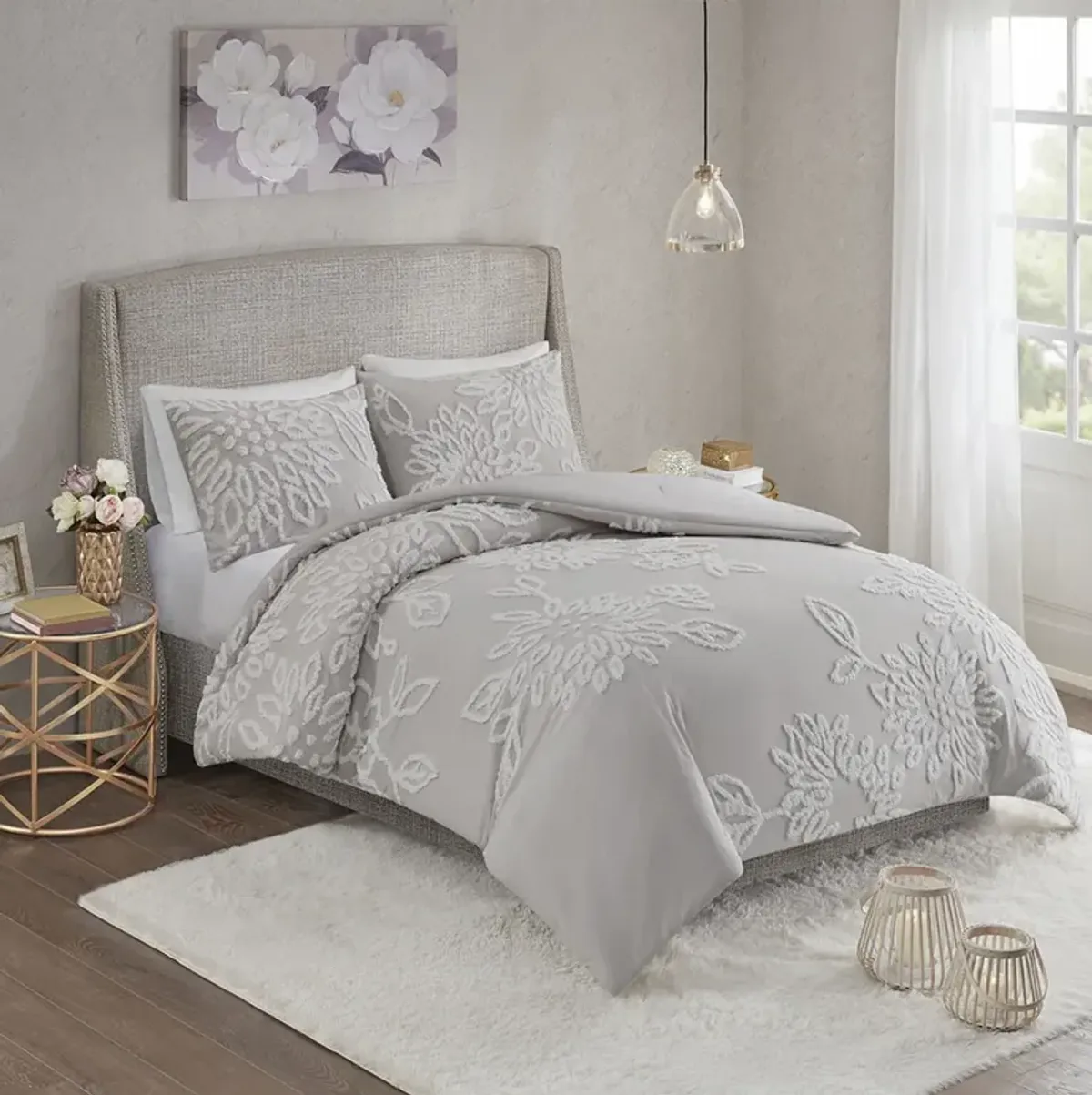 Madison Park Veronica Warm Grey/White 3 Piece Tufted Cotton Chenille Floral Comforter Set