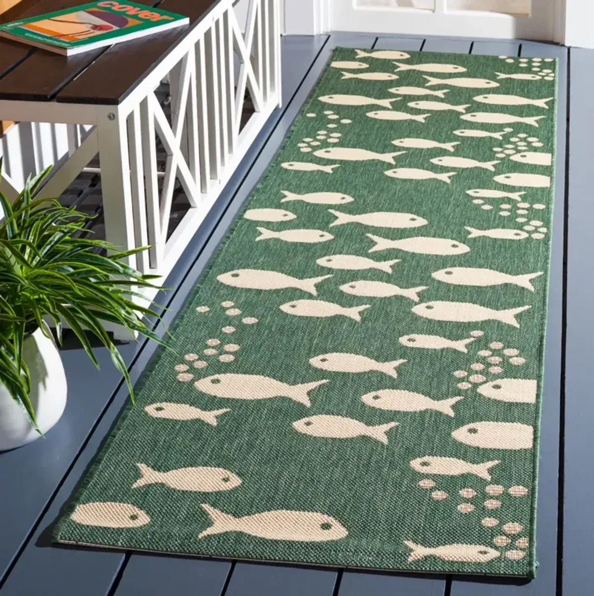 COURTYARD 6012 DARK GREEN  2'-3' x 14' Runner Rug