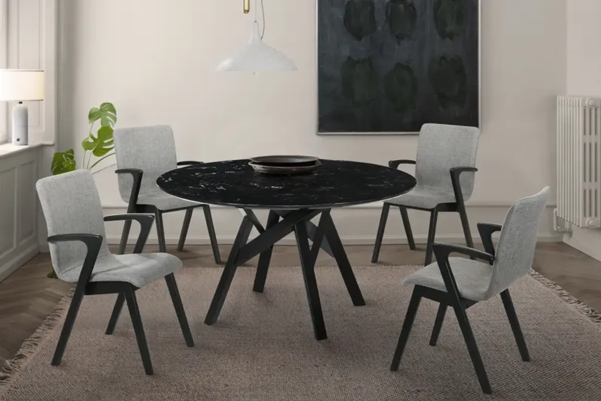 Venus 54" Round Mid-Century Modern Black Marble Dining Table with Black Wood Legs