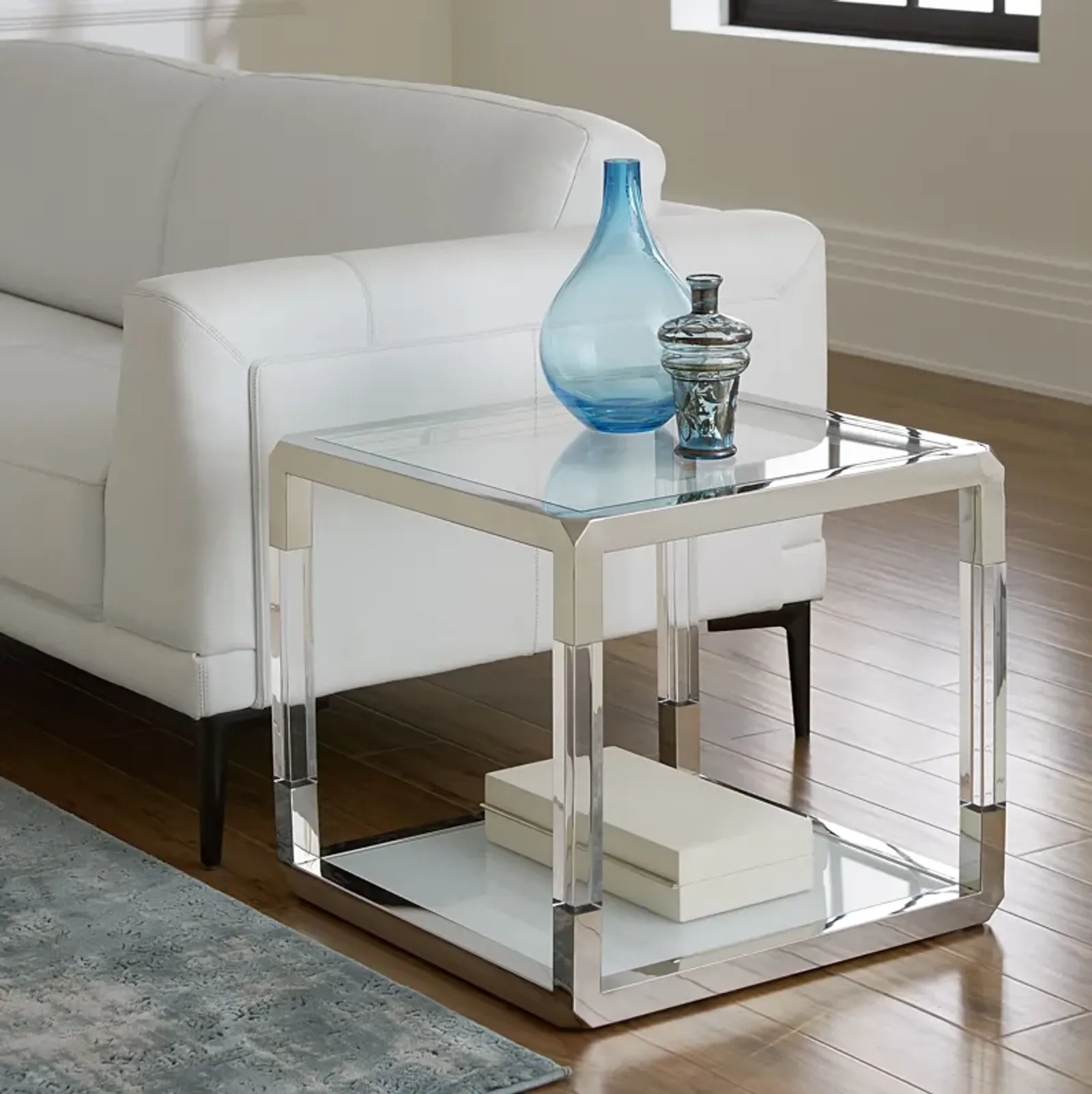 Jasper End Table in Acrylic/White Glass/PSS