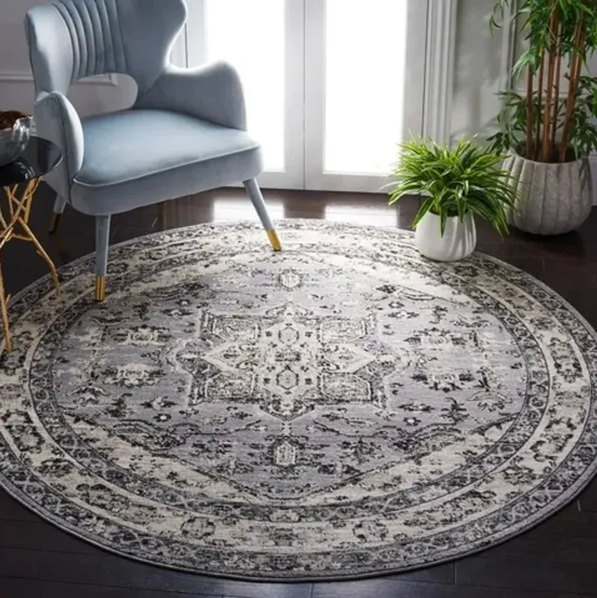 Brentwood 852 Grey / Black 6'-7" X 6'-7" Round Round Powerloomed Rug