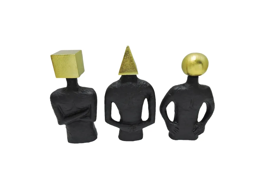 Metal, 11" Man With Square Head, Black/gold - Set of 3