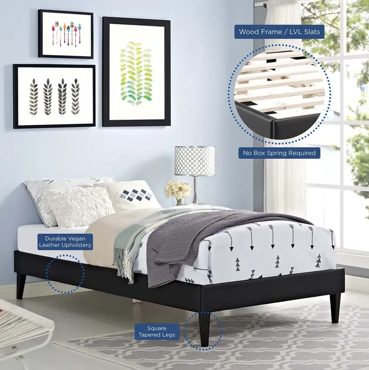 Tessie Twin Vinyl Bed Frame with Squared Tapered Legs