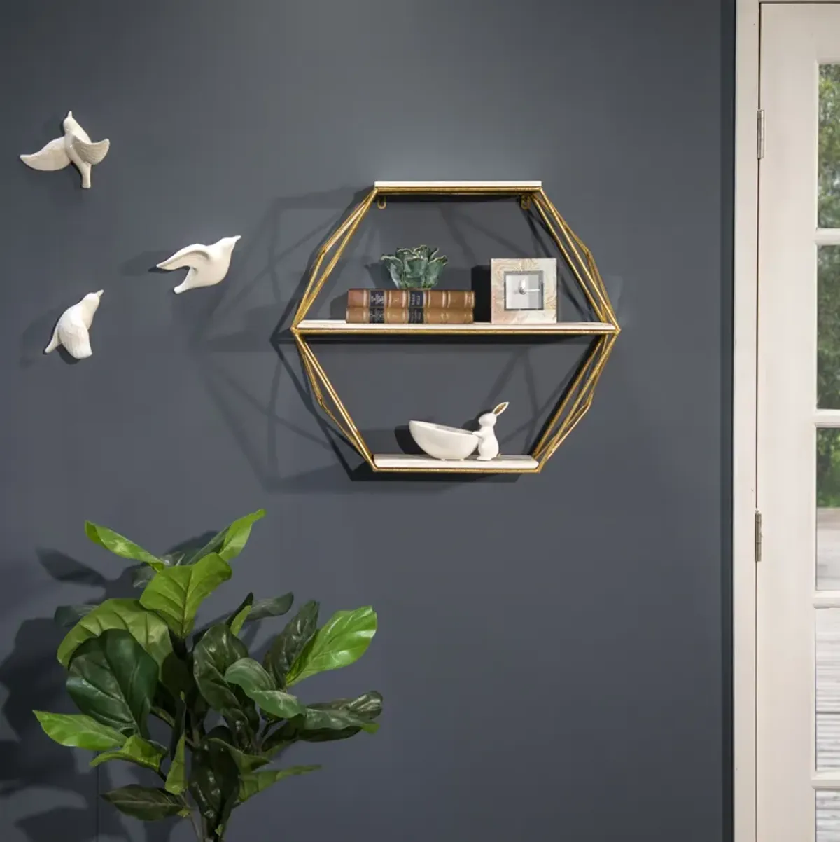 Metal and Wood 3-Tier Hexagon Wall Shelf