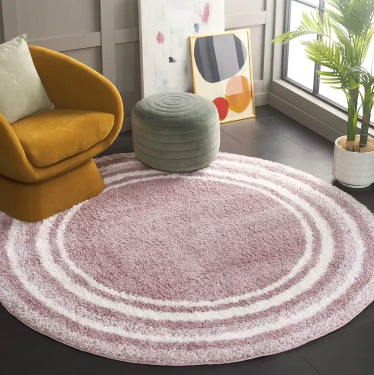 BORDER & STRIPE SHAG 251 Pink 6'-7' X 6'-7' Round Round Rug