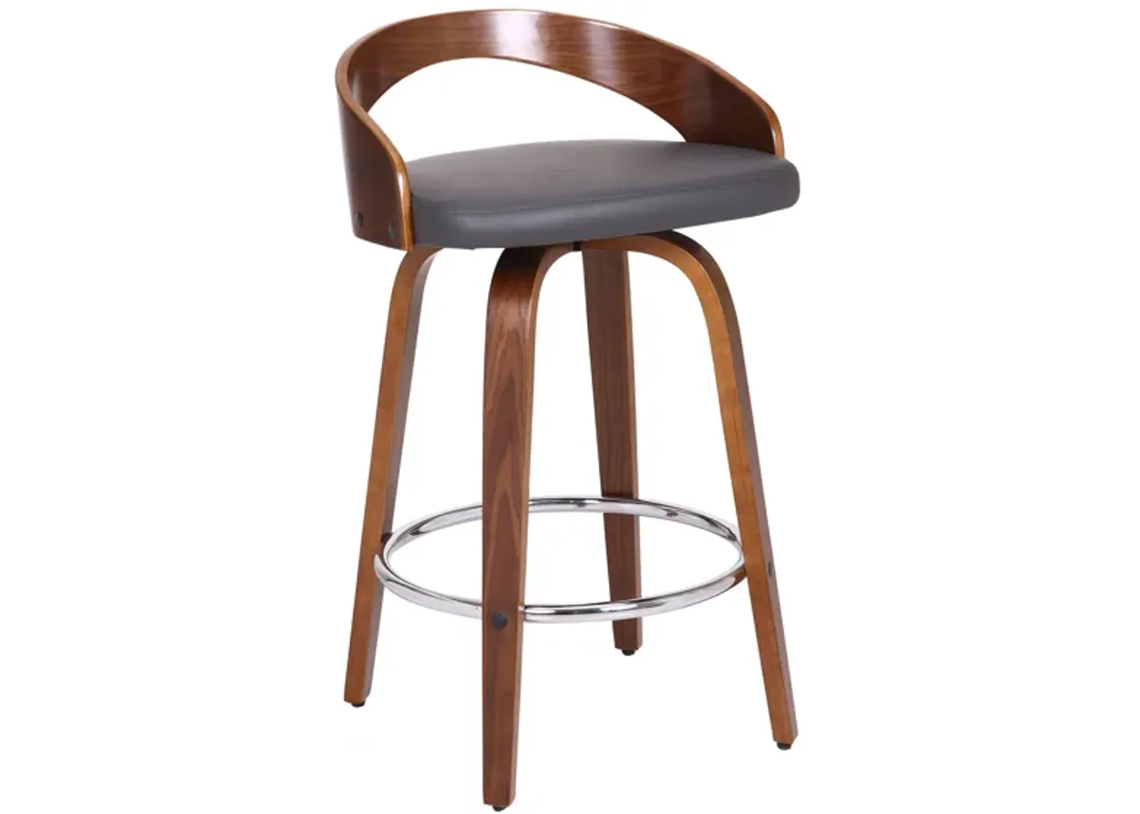 Sonia 26" Counter Height Swivel Grey Faux Leather and Walnut Wood Bar Stool