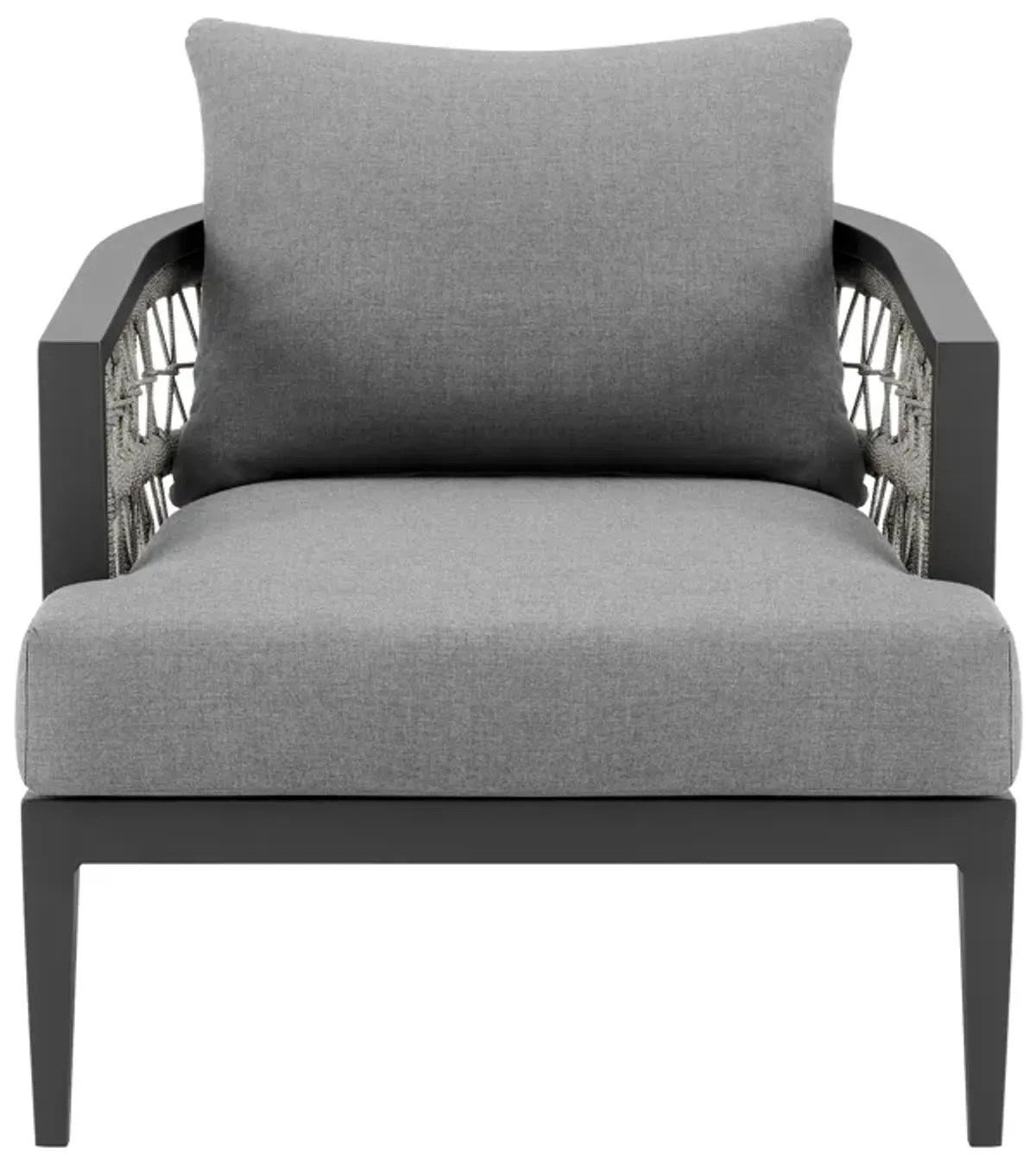 Zella Outdoor Patio Armchair in Aluminum with Light Gray Rope and Earl Gray Cushions