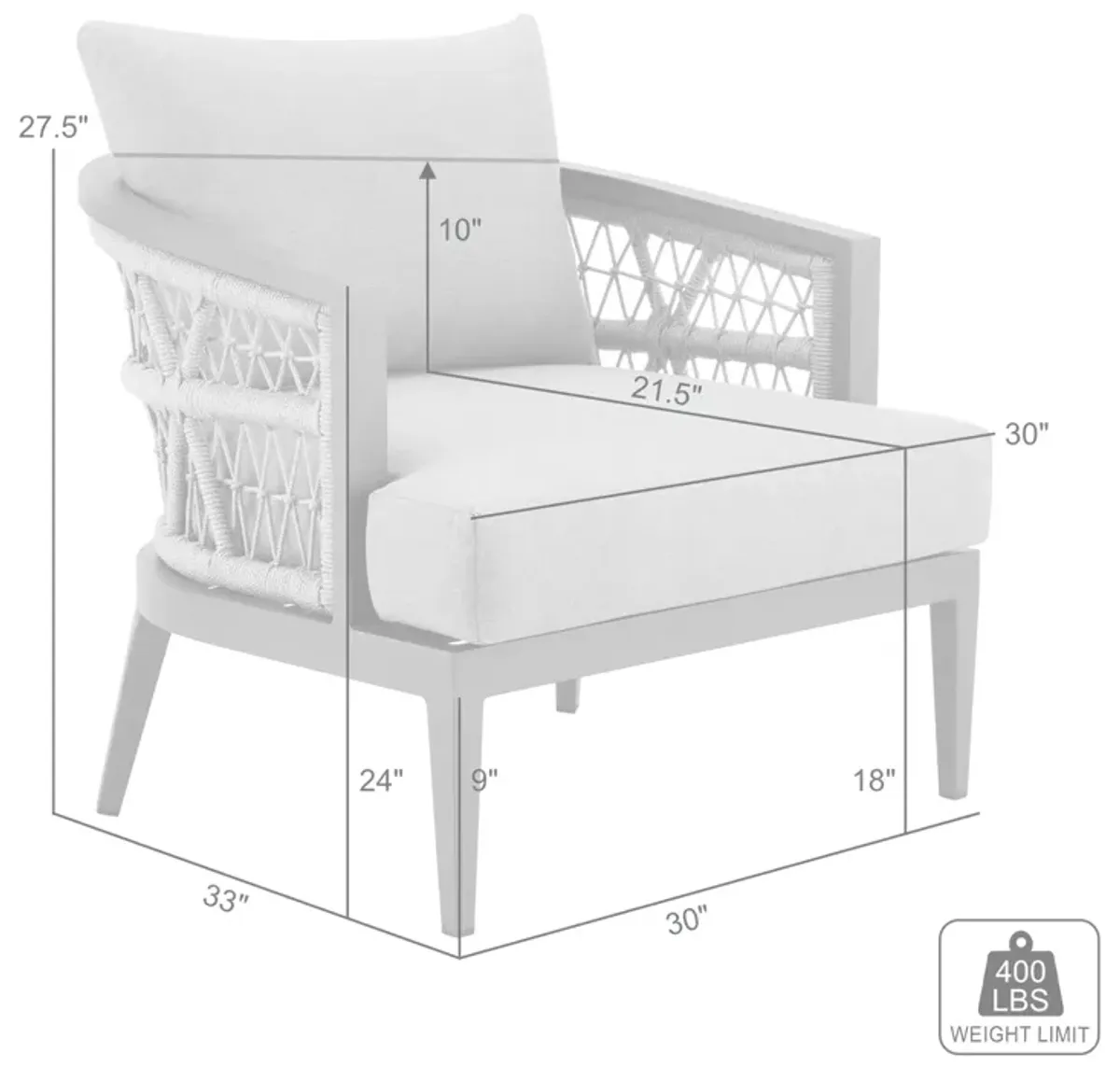 Zella Outdoor Patio Armchair in Aluminum with Light Gray Rope and Earl Gray Cushions