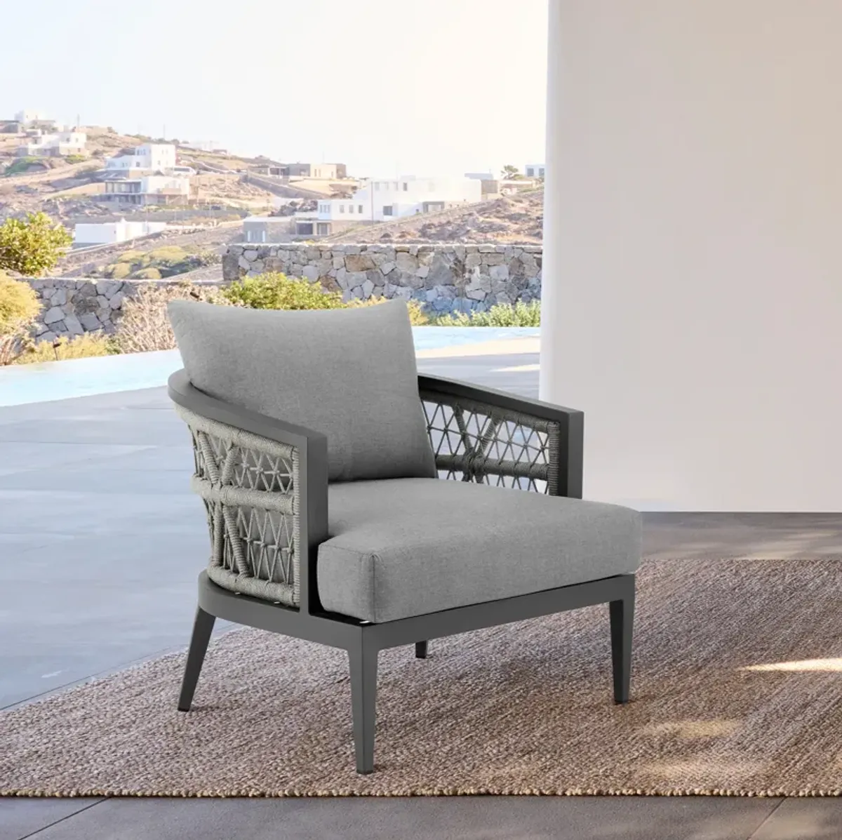 Zella Outdoor Patio Armchair in Aluminum with Light Gray Rope and Earl Gray Cushions