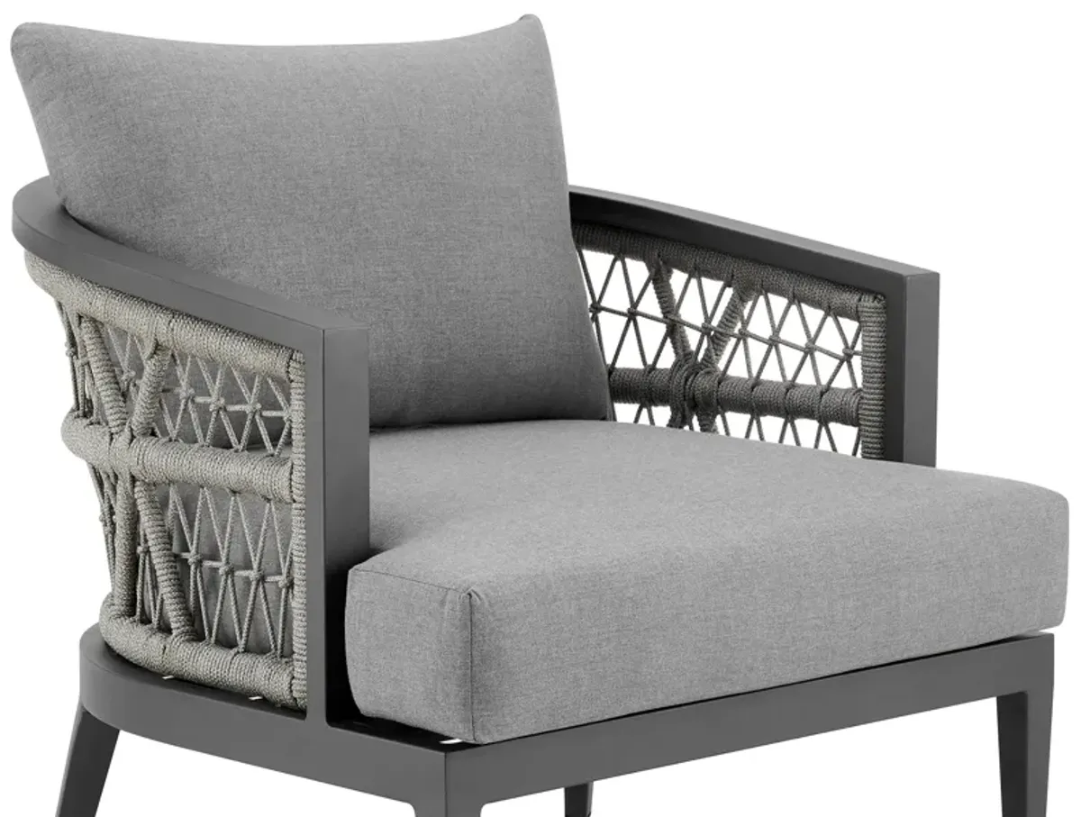 Zella Outdoor Patio Armchair in Aluminum with Light Gray Rope and Earl Gray Cushions