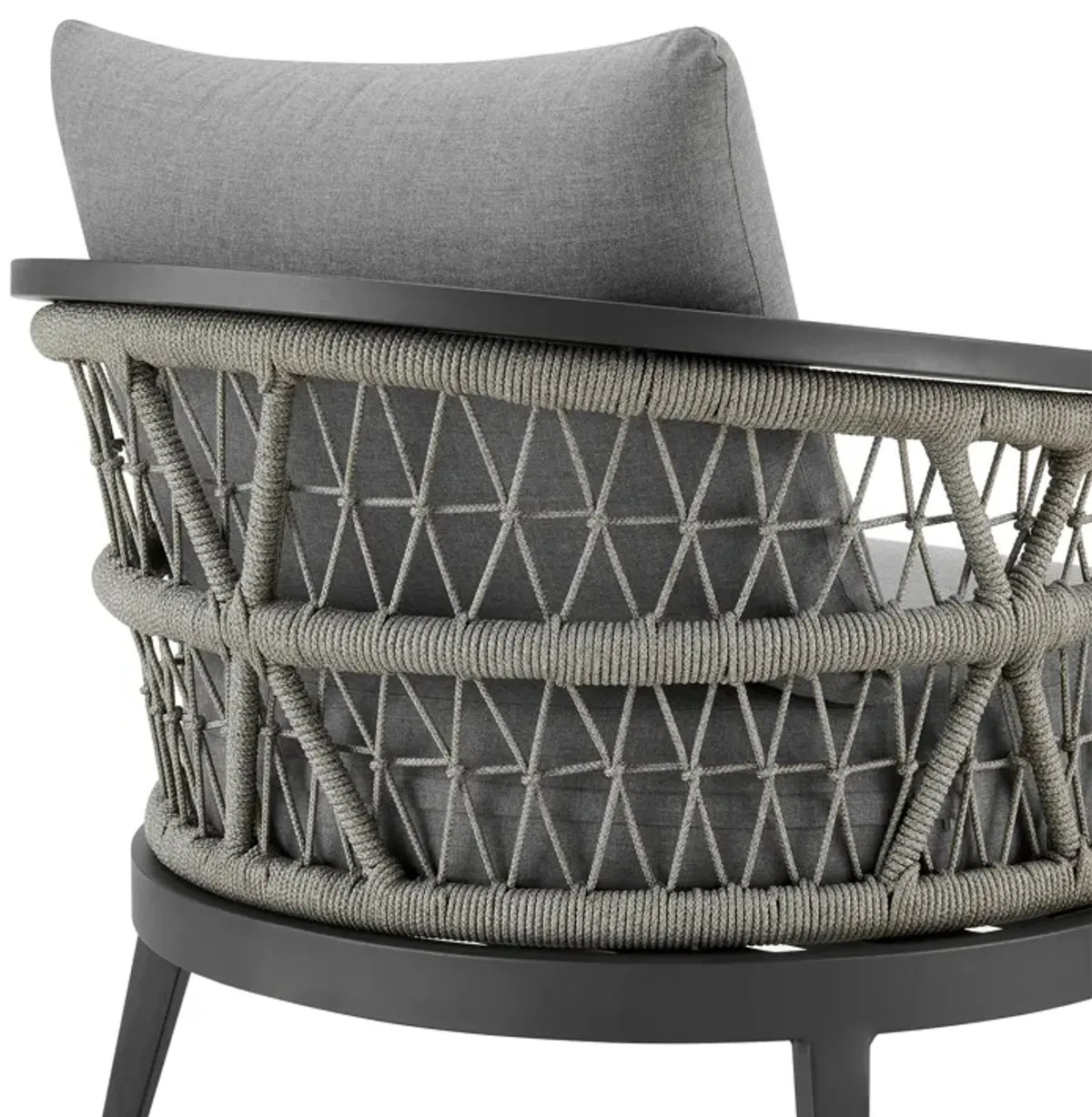 Zella Outdoor Patio Armchair in Aluminum with Light Gray Rope and Earl Gray Cushions