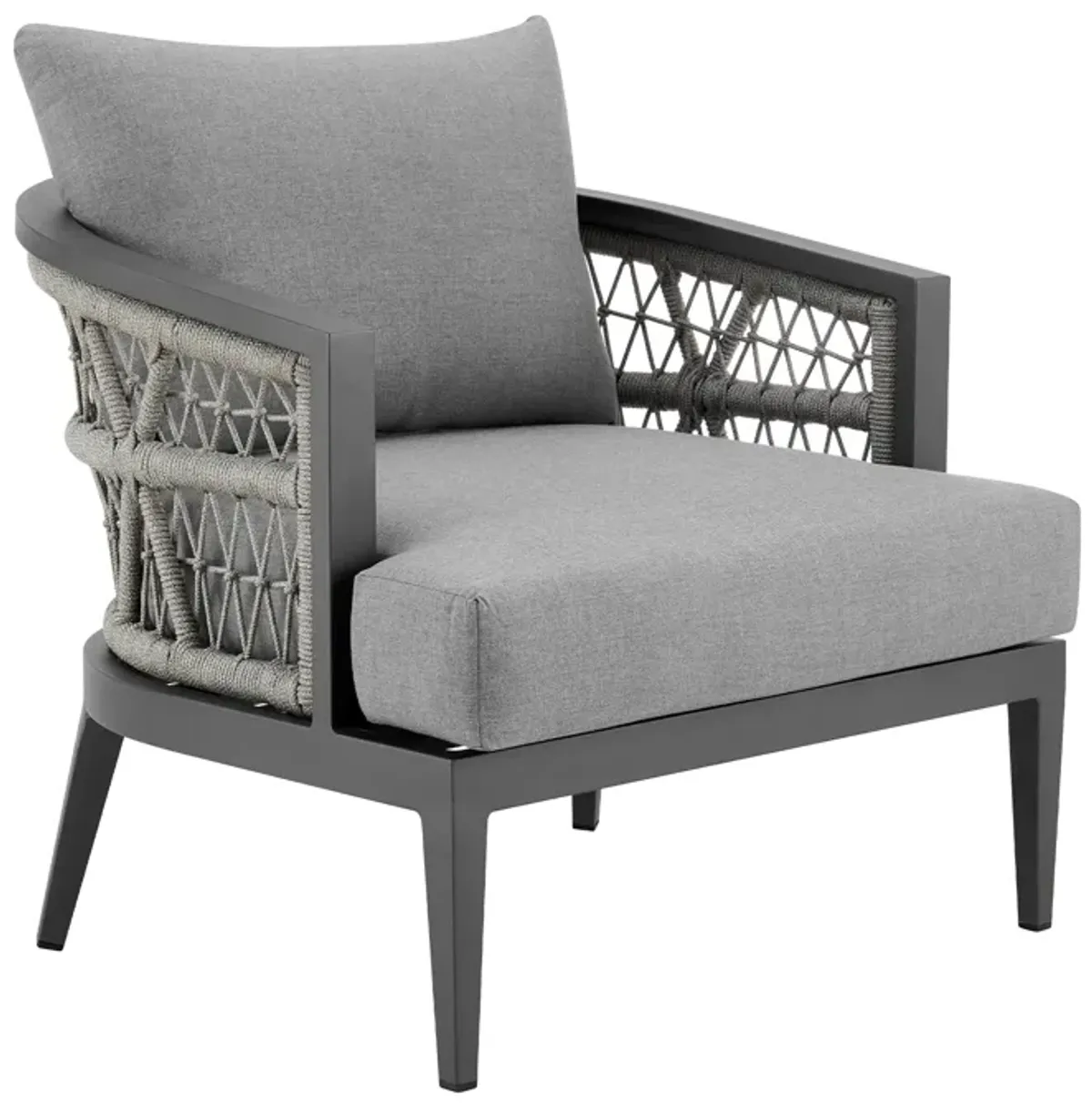 Zella Outdoor Patio Armchair in Aluminum with Light Gray Rope and Earl Gray Cushions