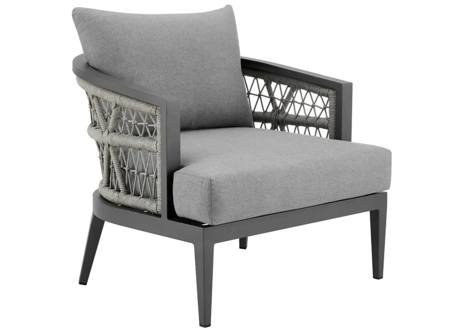 Zella Outdoor Patio Armchair in Aluminum with Light Gray Rope and Earl Gray Cushions