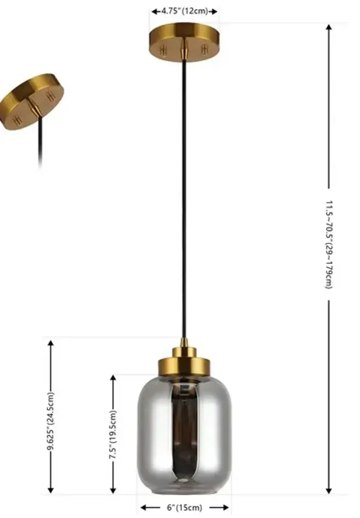 ETHYX, 6 INCH, SMOKE GREY/BRASS, GLASS/IRON PENDANT 