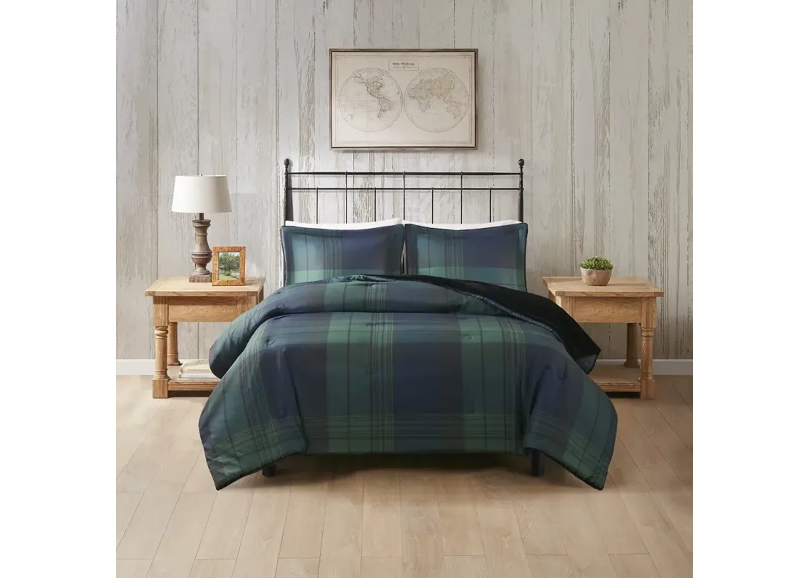 Woolrich Bernston Green Plaid Faux Wool to Faux Fur Down Alternative Comforter Set