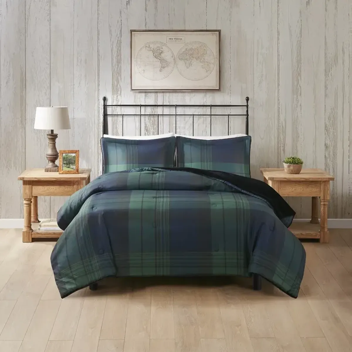 Woolrich Bernston Green Plaid Faux Wool to Faux Fur Down Alternative Comforter Set