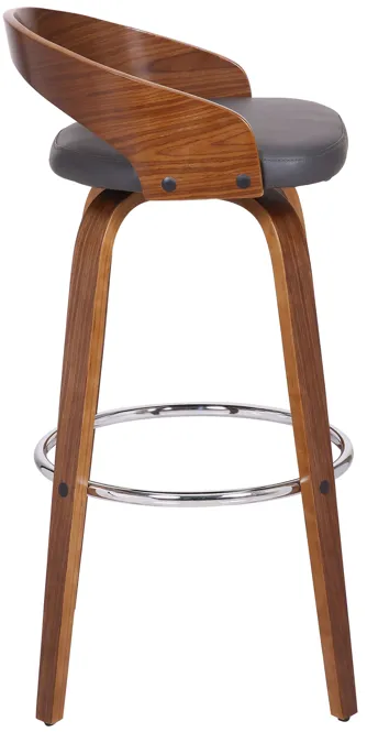 Sonia 30" Bar Height Swivel Grey Faux Leather and Walnut Wood Bar Stool